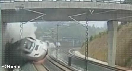 Момент катастрофы скорого поезда Alvia под Сантьяго-де-Компостело, зафиксированной камерой наблюдения.